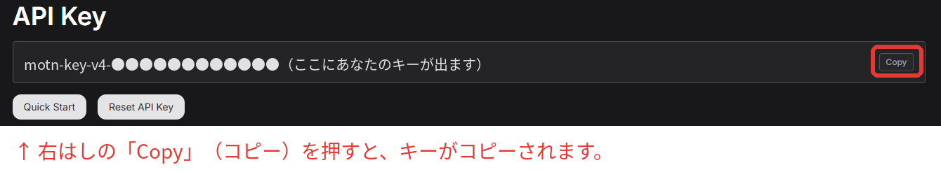API Key の欄。右はしに「Copy」のボタンがある